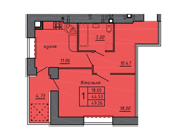 ЖК Новые Байковцы: планировка 1-комнатной квартиры 49.26 м²