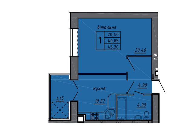 ЖК Новые Байковцы: планировка 1-комнатной квартиры 45.3 м²