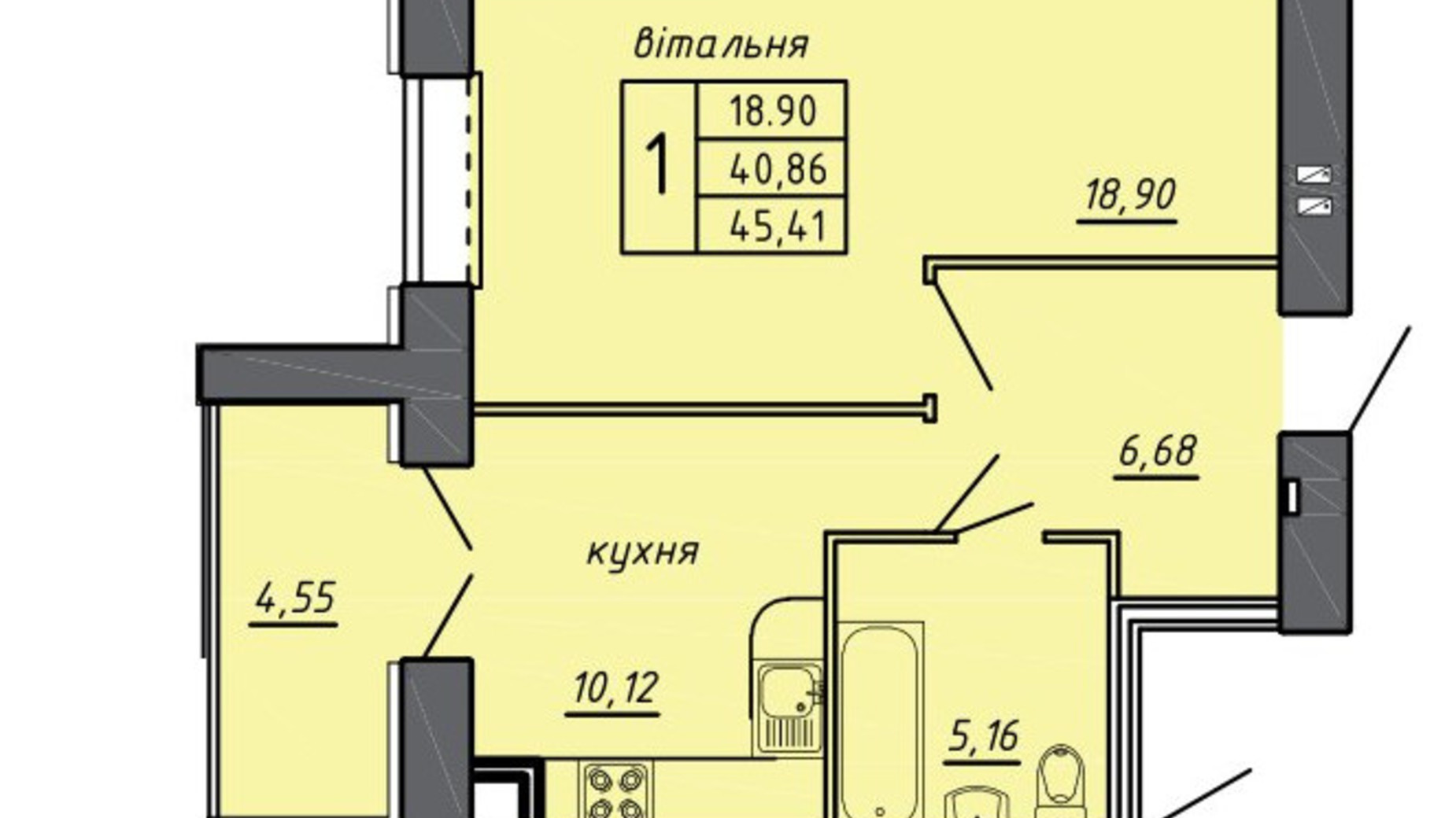 Планування 1-кімнатної квартири в ЖК Нові Байківці 45.41 м², фото 600719