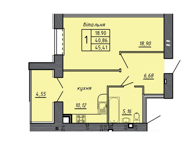 ЖК Нові Байківці: планування 1-кімнатної квартири 45.41 м²