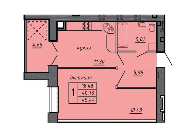 ЖК Нові Байківці: планування 1-кімнатної квартири 45.44 м²