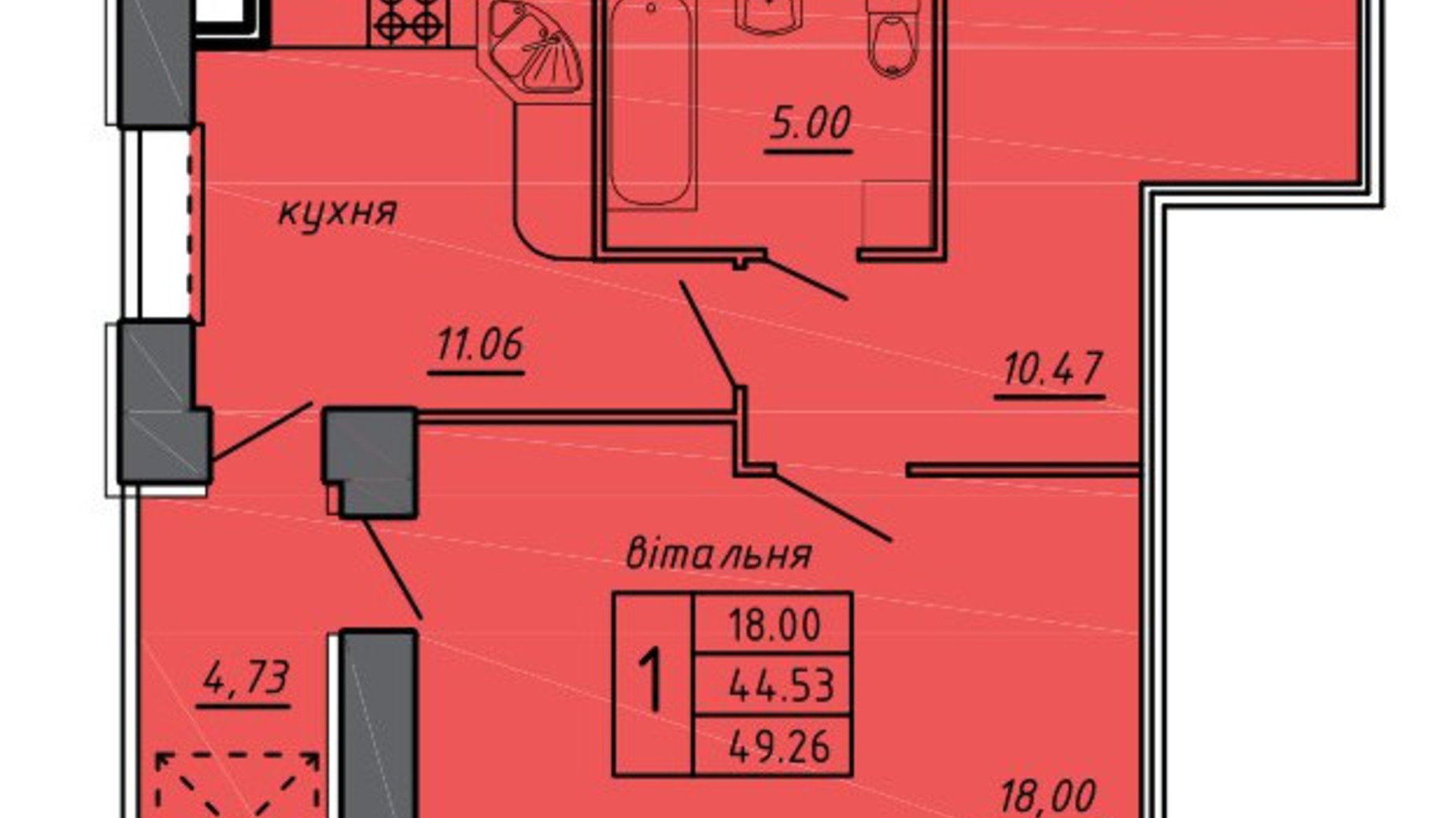 Планування 1-кімнатної квартири в ЖК Нові Байківці 49.26 м², фото 600721