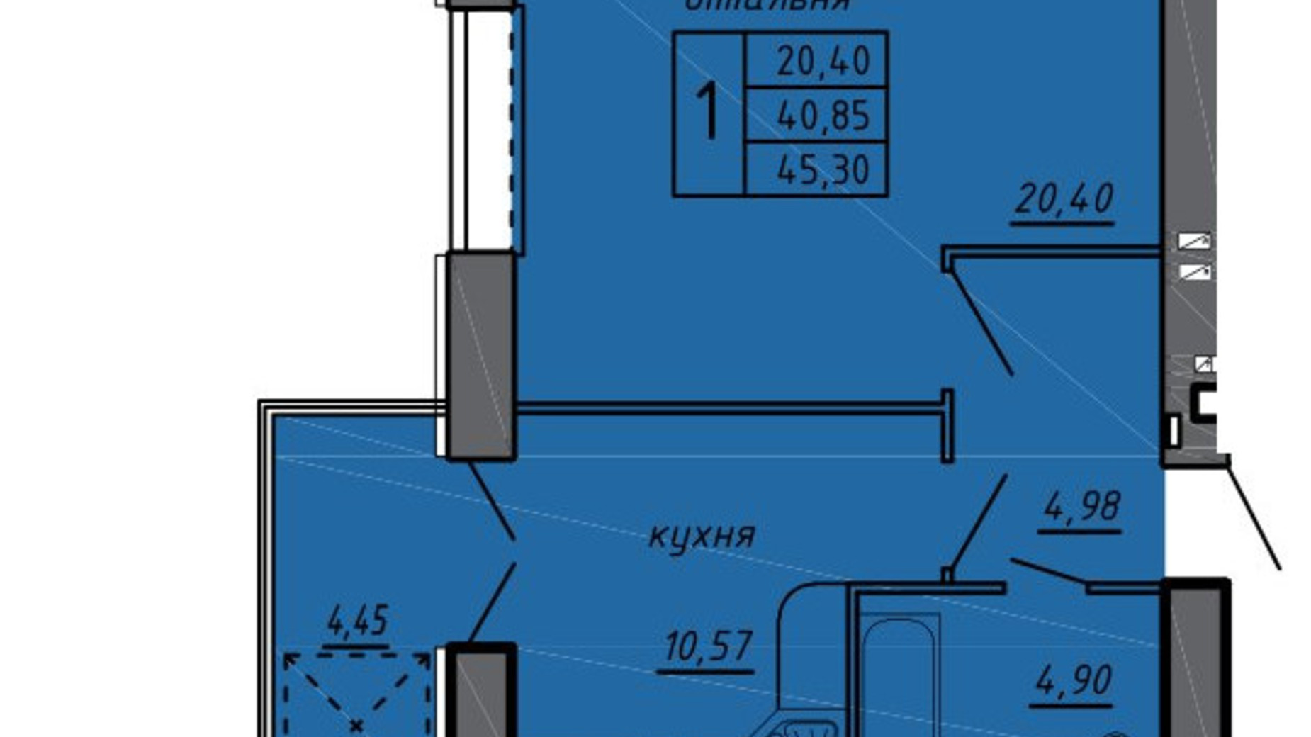 Планування 1-кімнатної квартири в ЖК Нові Байківці 45.3 м², фото 600723