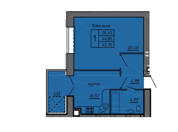 ЖК Нові Байківці: планування 1-кімнатної квартири 45.3 м²