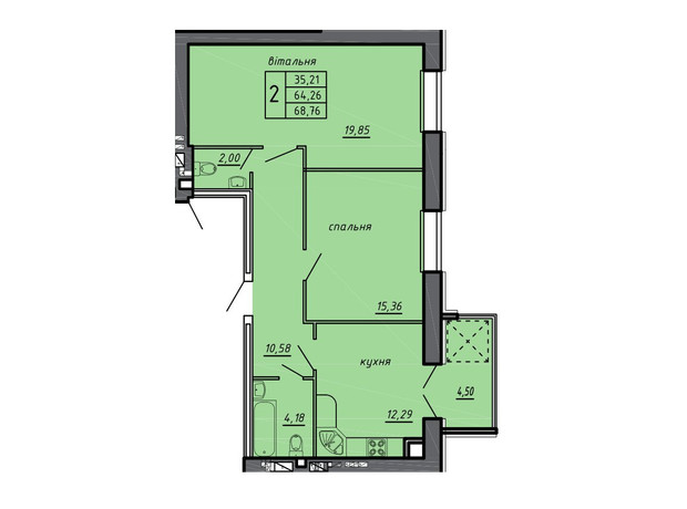 ЖК Новые Байковцы: планировка 2-комнатной квартиры 68.76 м²