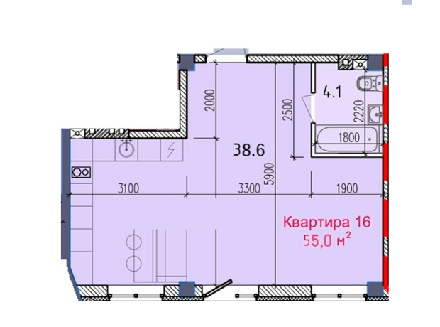 ЖК Liberty Hall: планування 1-кімнатної квартири 55 м²