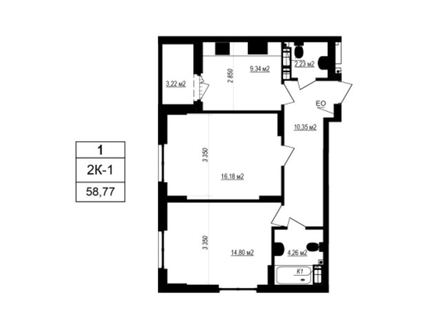 ЖК Щасливий Grand: планування 2-кімнатної квартири 58.77 м²
