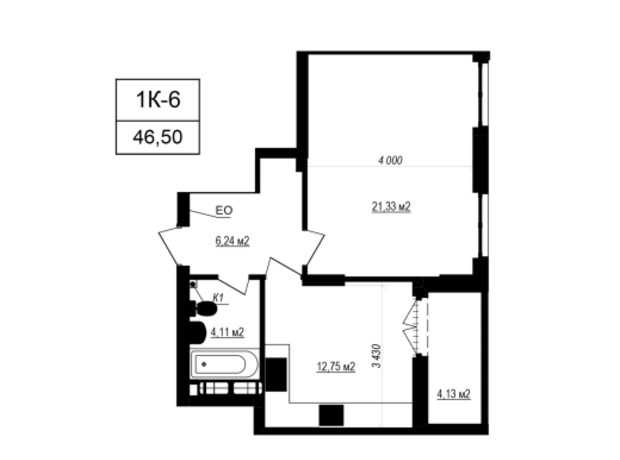 ЖК Щасливий Grand: планировка 1-комнатной квартиры 46.5 м²