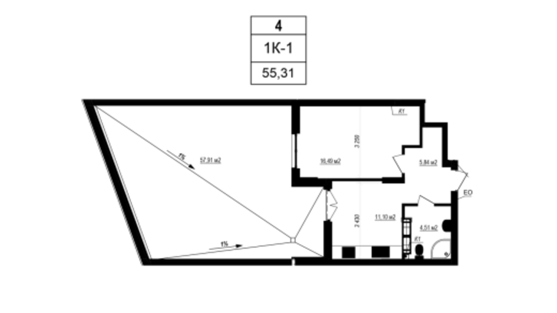 Планування 1-кімнатної квартири в ЖК Щасливий Grand 55.31 м², фото 601103