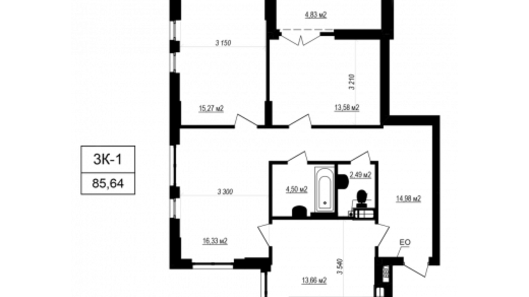 Планування 3-кімнатної квартири в ЖК Щасливий Grand 85.64 м², фото 601112