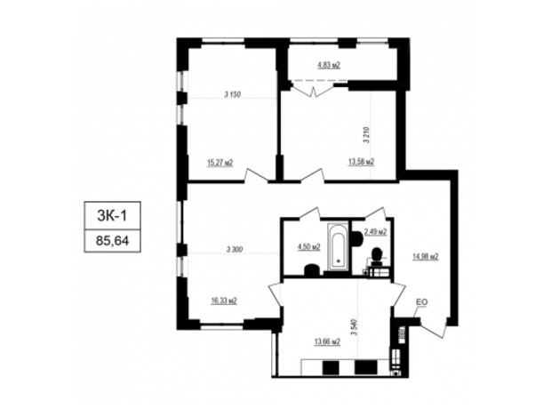 ЖК Щасливий Grand: планування 3-кімнатної квартири 85.64 м²