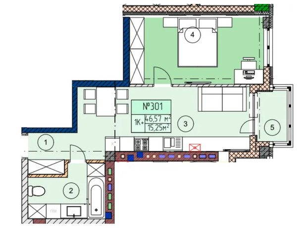 ЖК ЕкоПарк: планування 1-кімнатної квартири 46.57 м²