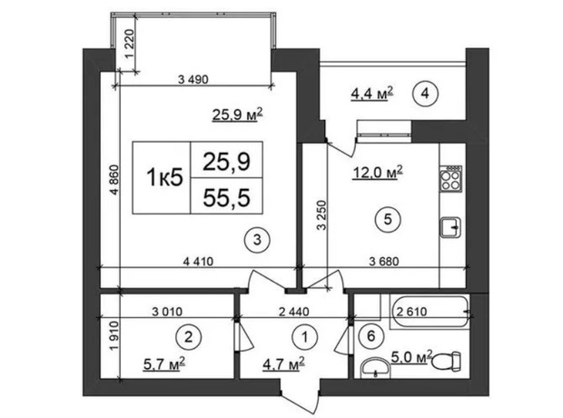 ЖК Сирецький парк-2: планування 1-кімнатної квартири 55.5 м²
