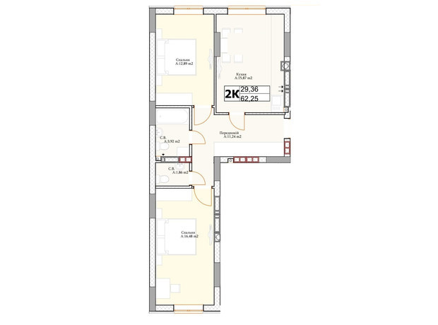 ЖК Irpin City: планировка 2-комнатной квартиры 62.2 м²