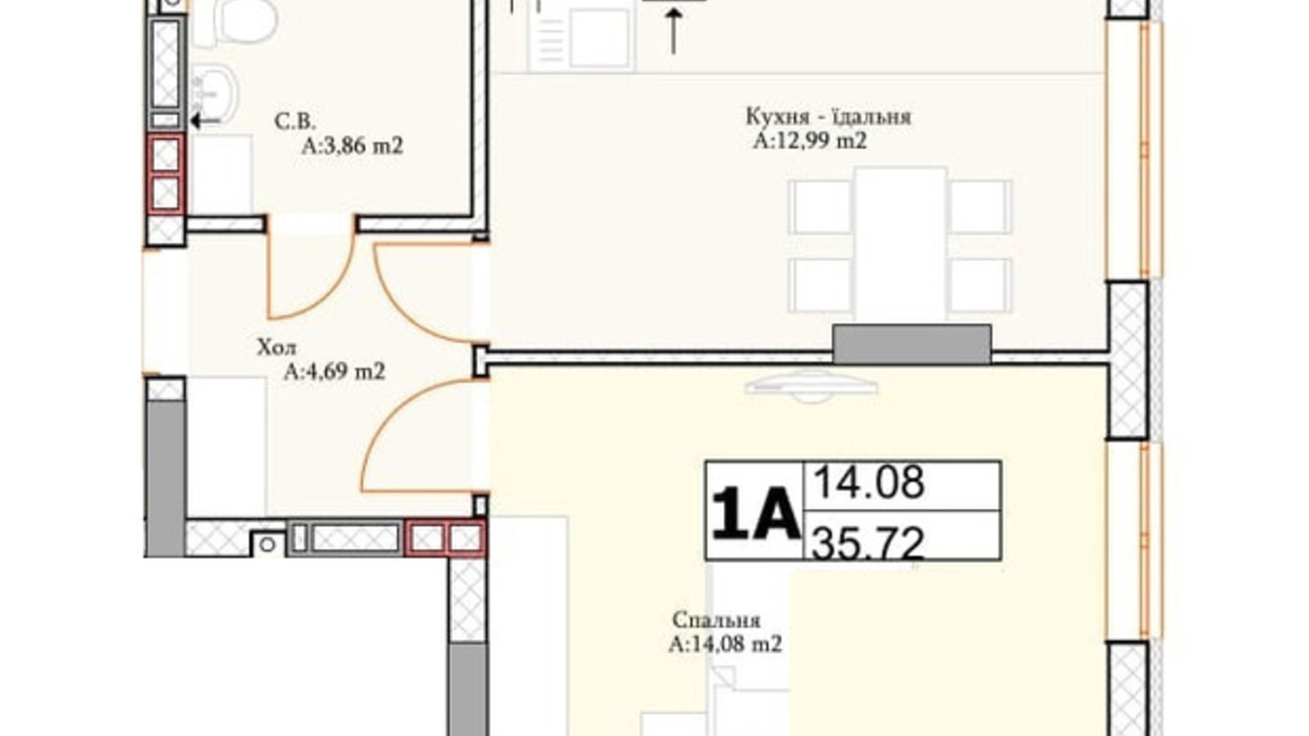 Планировка 1-комнатной квартиры в ЖК Irpin City 37.3 м², фото 601340