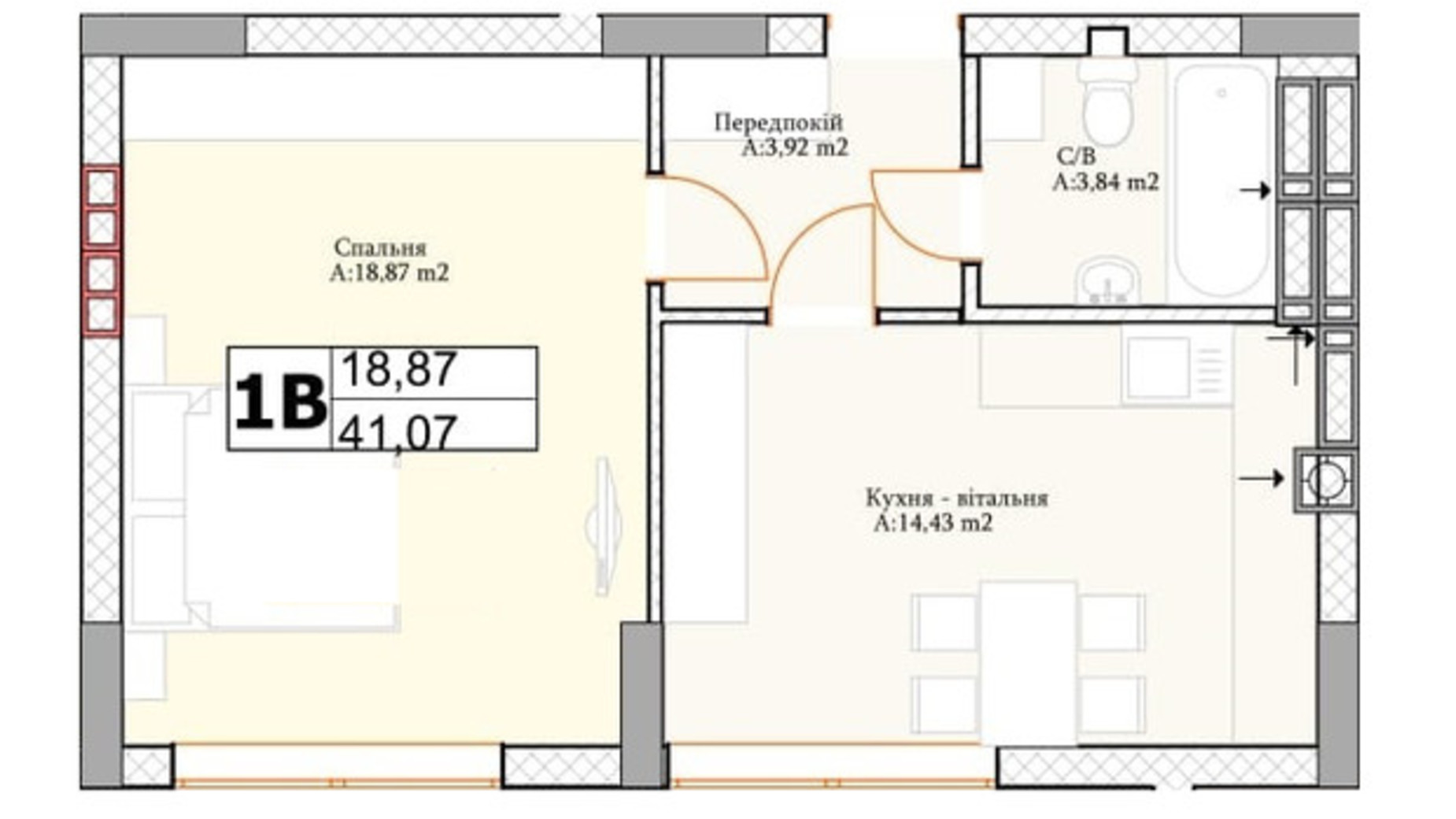 Планировка 1-комнатной квартиры в ЖК Irpin City 42.1 м², фото 601342