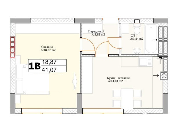 ЖК Irpin City: планування 1-кімнатної квартири 42.1 м²