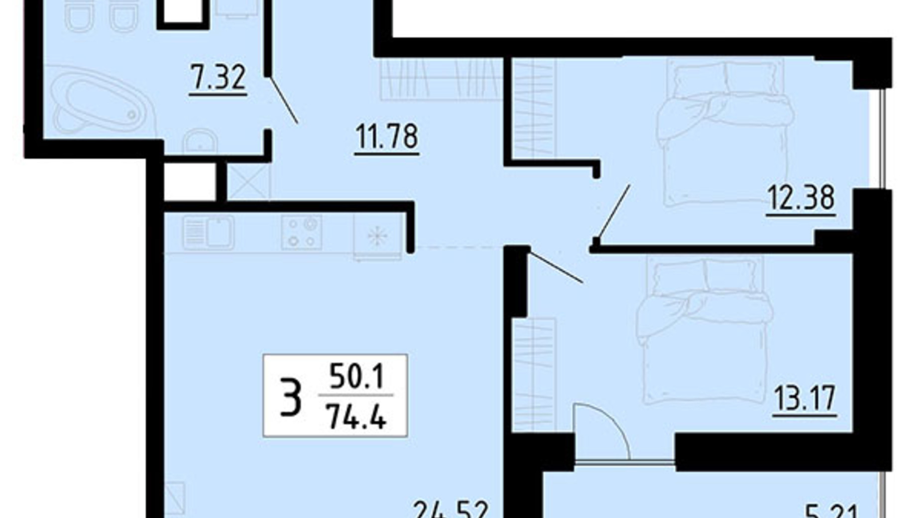 Планировка 3-комнатной квартиры в Квартал Энергия 73.9 м², фото 601419