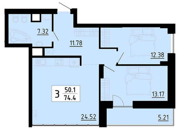 Квартал Енергія: планування 3-кімнатної квартири 73.9 м²