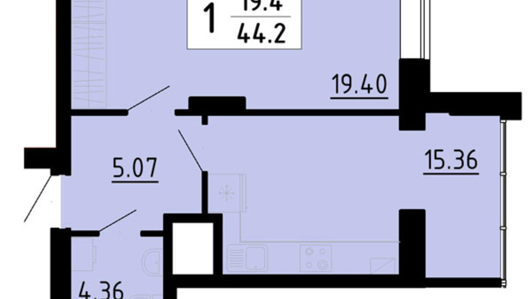 Планування 1-кімнатної квартири в Квартал Енергія 44.2 м², фото 601420