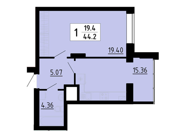 Квартал Энергия: планировка 1-комнатной квартиры 44.2 м²