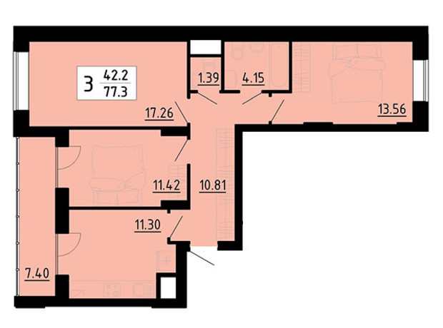 Квартал Енергія: планування 3-кімнатної квартири 77.2 м²