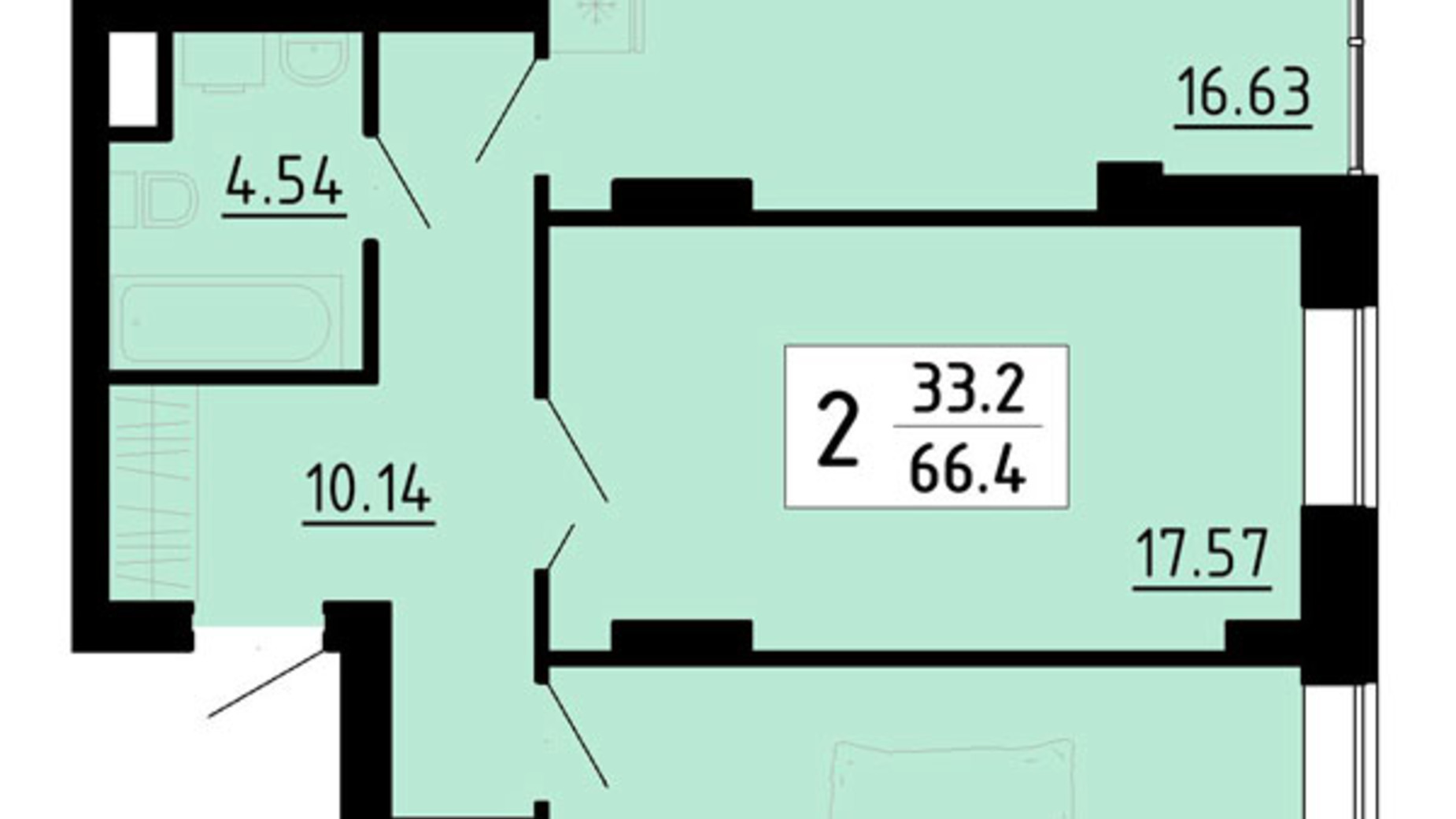Планировка 2-комнатной квартиры в Квартал Энергия 66.4 м², фото 601424