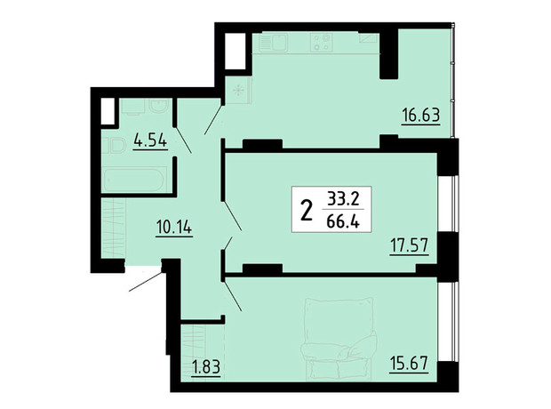 Квартал Энергия: планировка 2-комнатной квартиры 66.4 м²