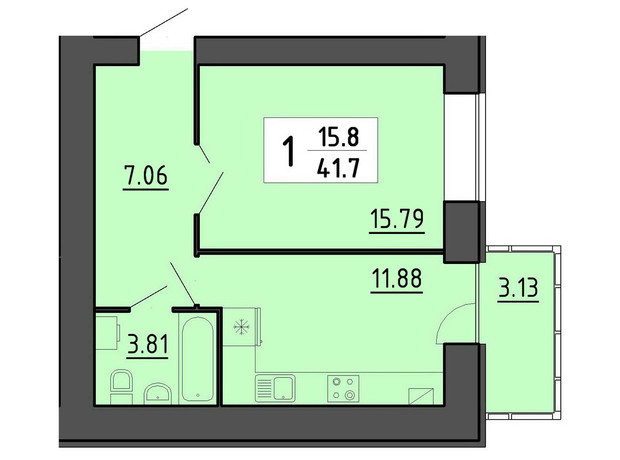 Квартал Энергия: планировка 1-комнатной квартиры 41.6 м²