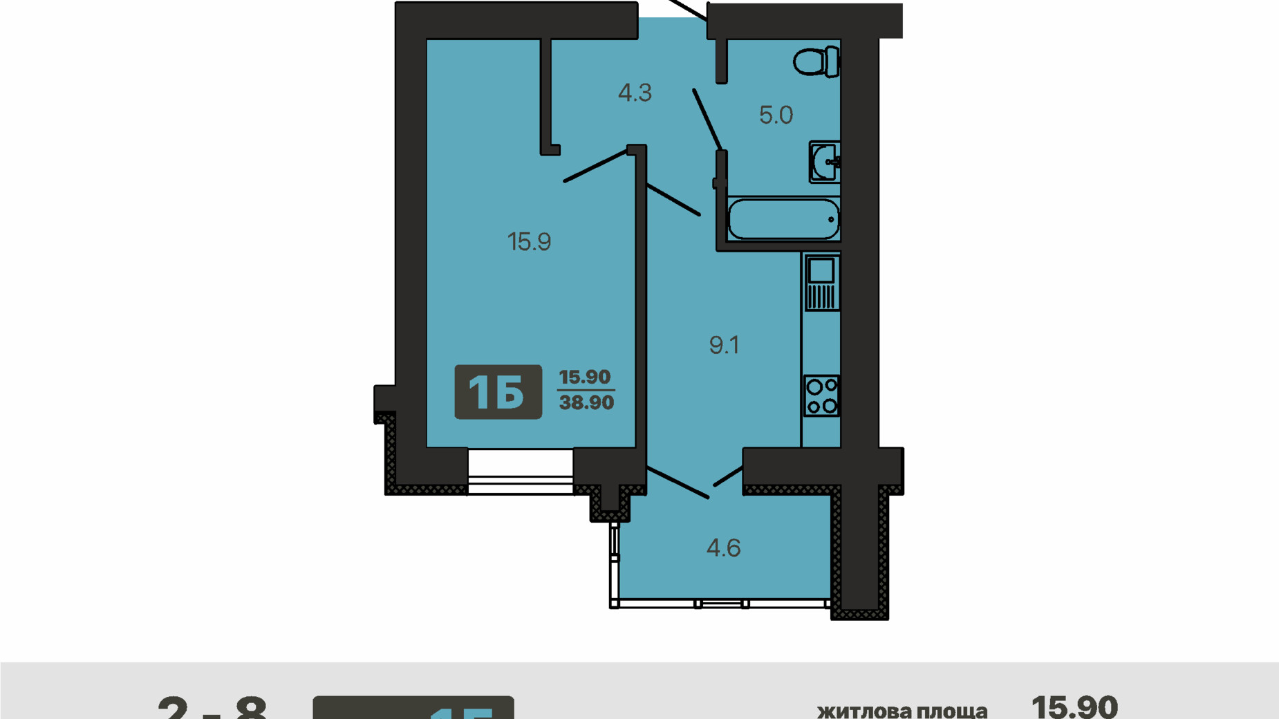 Планування 1-кімнатної квартири в ЖК Diamond Hall New 38.9 м², фото 601439