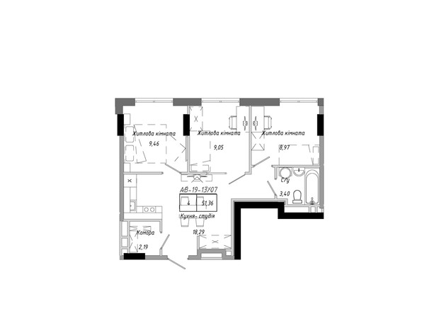 ЖК Artville: планировка 3-комнатной квартиры 51.36 м²