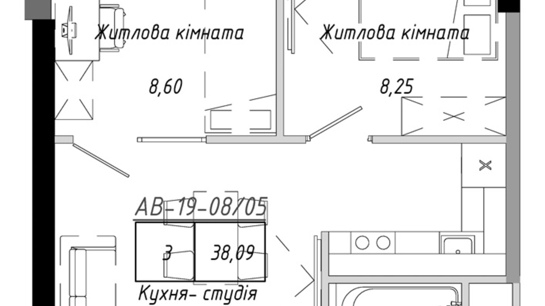 Планування 2-кімнатної квартири в ЖК Artville 38.09 м², фото 601506