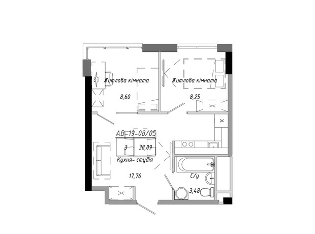 ЖК Artville: планировка 2-комнатной квартиры 38.09 м²