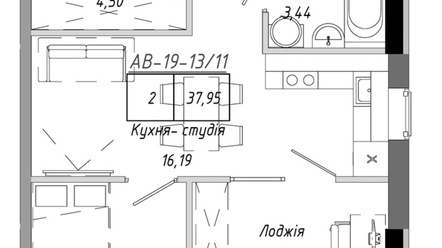 Планування 1-кімнатної квартири в ЖК Artville 37.95 м², фото 601507