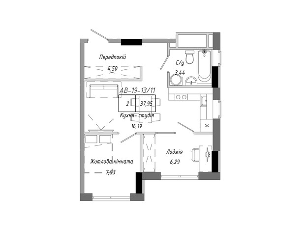 ЖК Artville: планировка 1-комнатной квартиры 37.95 м²