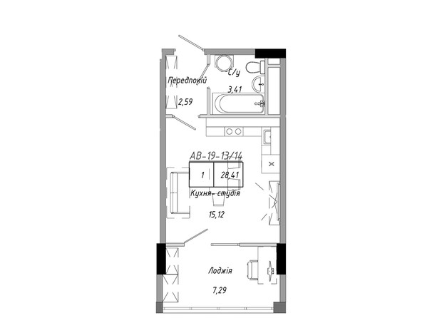 ЖК Artville: планування 1-кімнатної квартири 28.41 м²
