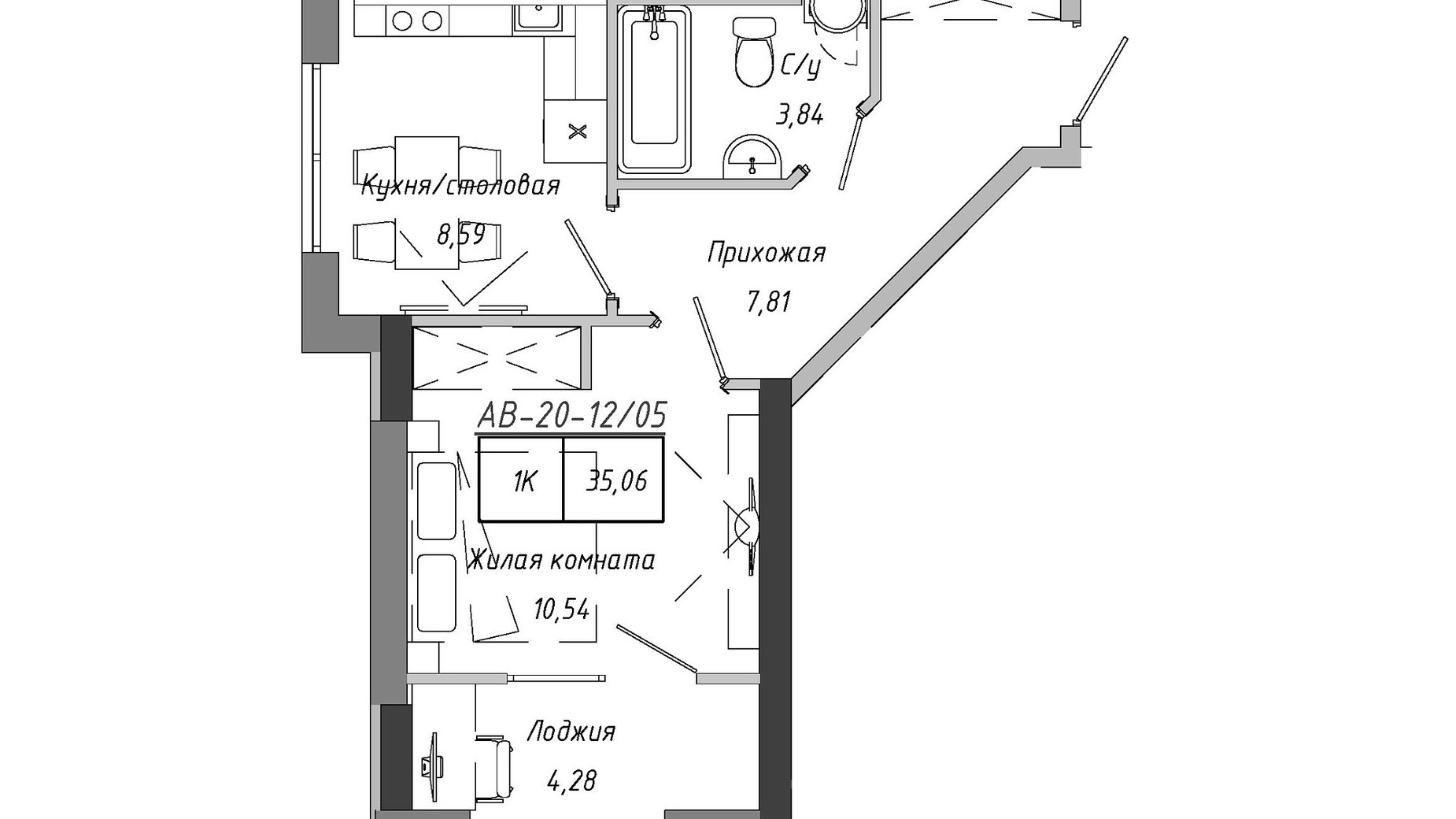 Планировка 1-комнатной квартиры в ЖК Artville 33.55 м², фото 601513