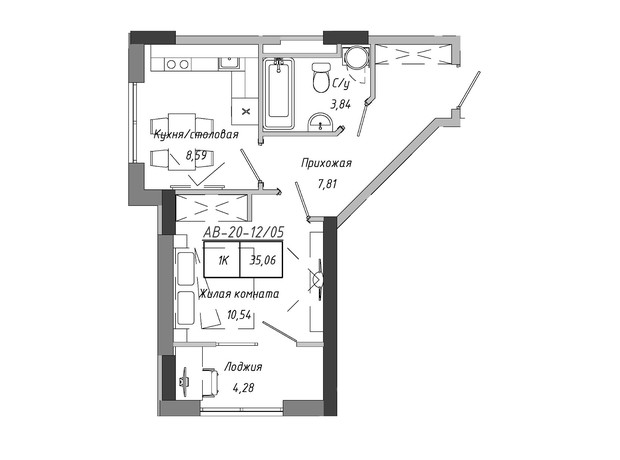 ЖК Artville: планування 1-кімнатної квартири 33.55 м²