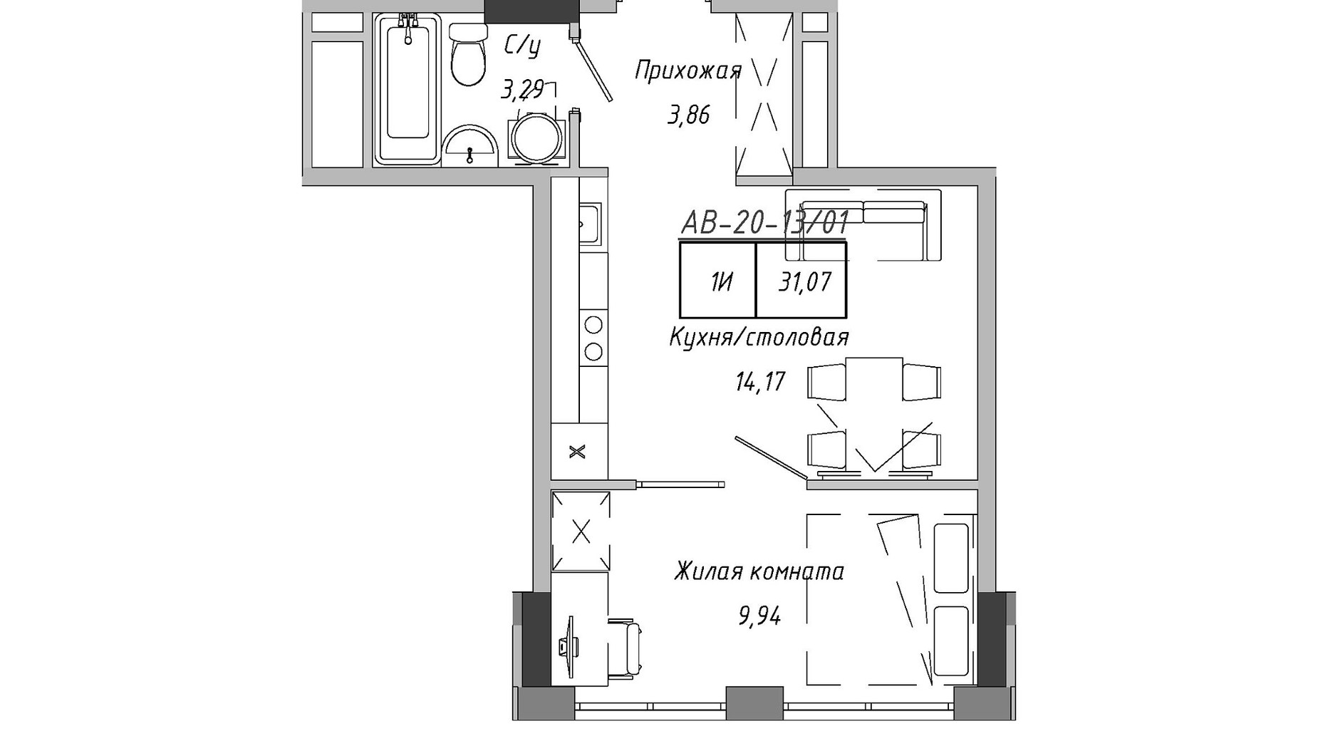 Планування 1-кімнатної квартири в ЖК Artville 31.07 м², фото 601514