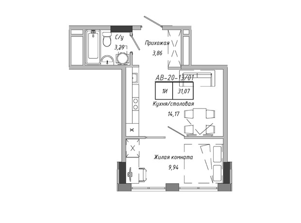 ЖК Artville: планування 1-кімнатної квартири 31.07 м²