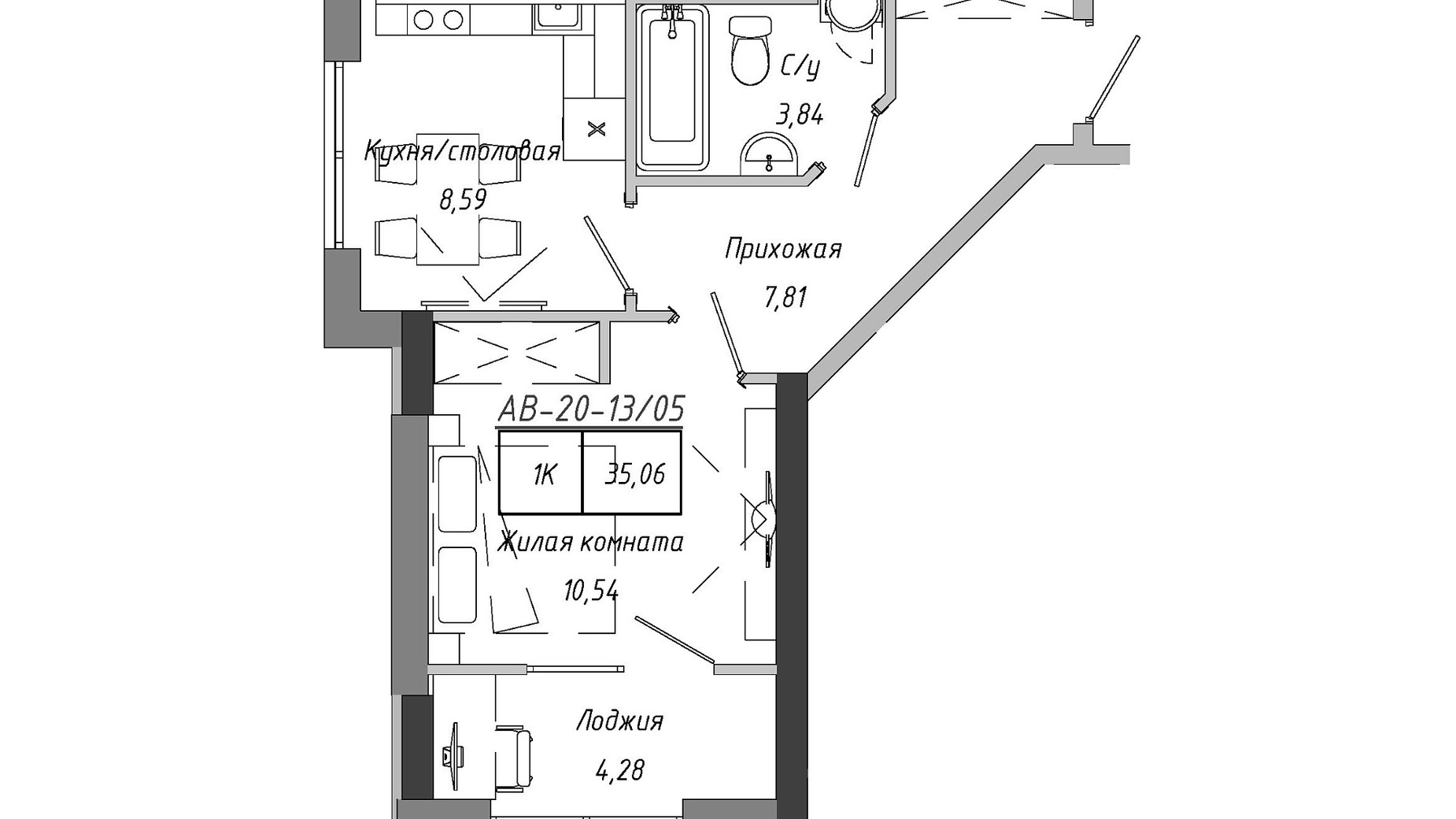 Планування 1-кімнатної квартири в ЖК Artville 35.06 м², фото 601516