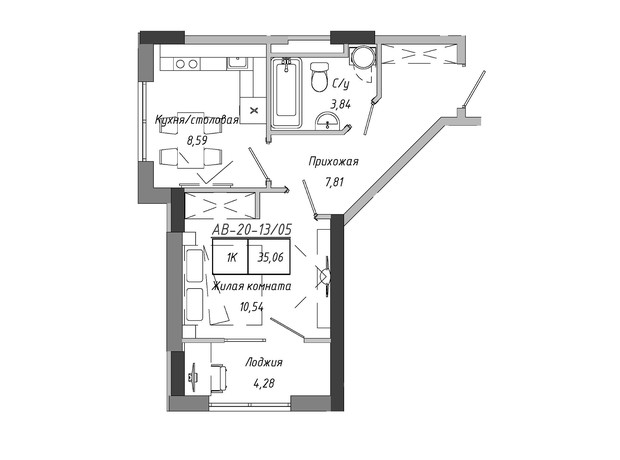 ЖК Artville: планування 1-кімнатної квартири 35.06 м²