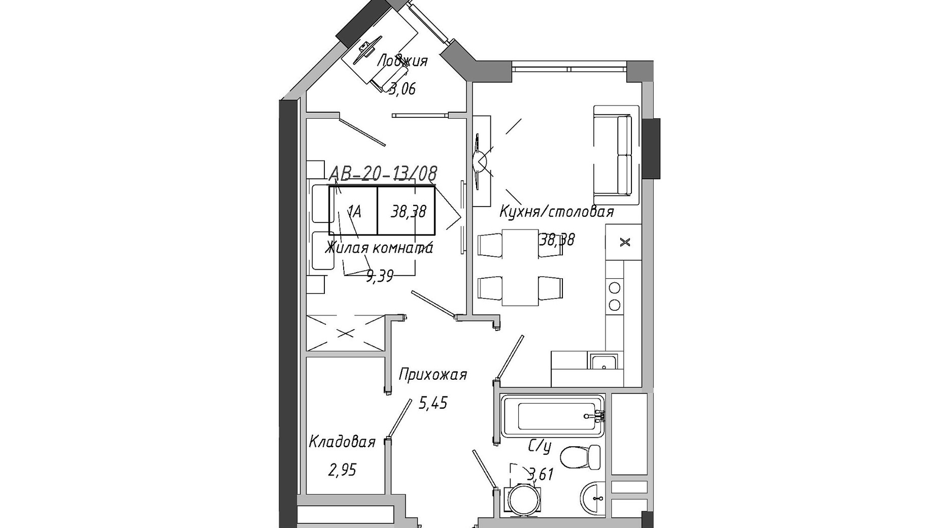 Планировка 1-комнатной квартиры в ЖК Artville 38.38 м², фото 601517