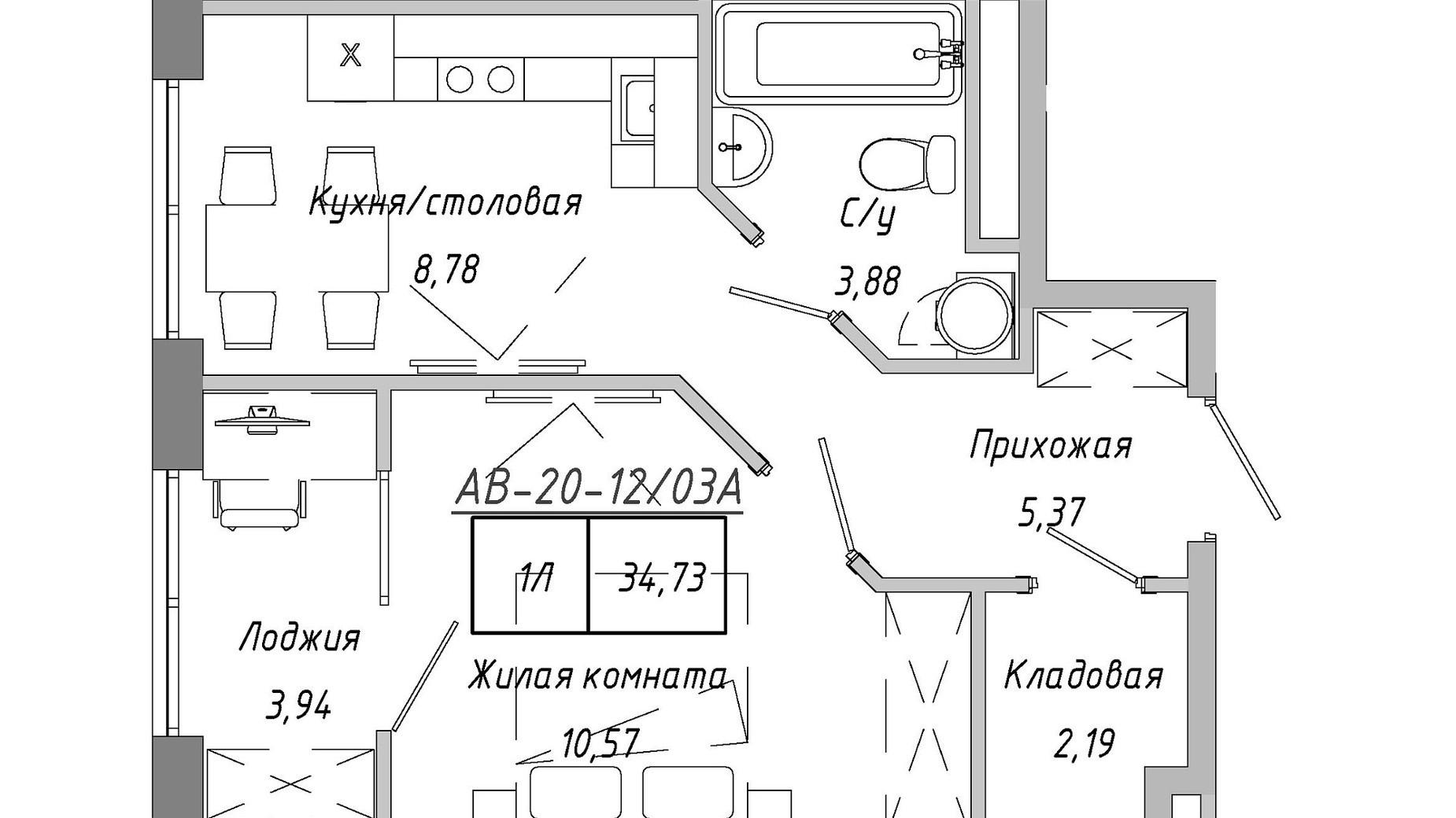 Планування 1-кімнатної квартири в ЖК Artville 33.34 м², фото 601518