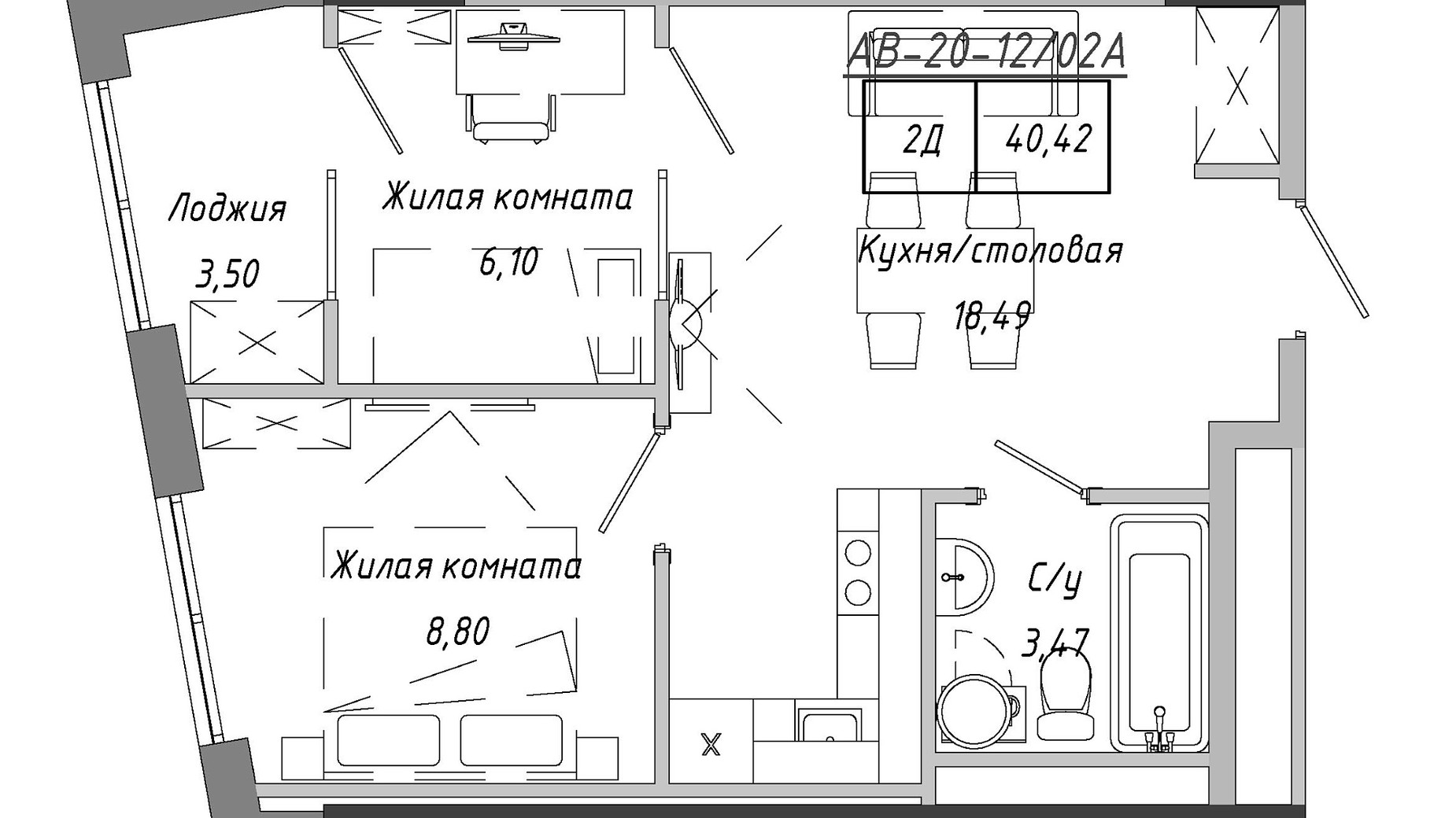 Планування 2-кімнатної квартири в ЖК Artville 41.9 м², фото 601519