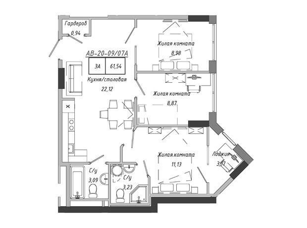 ЖК Artville: планировка 3-комнатной квартиры 62.67 м²
