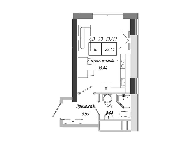 ЖК Artville: планування 1-кімнатної квартири 22.41 м²