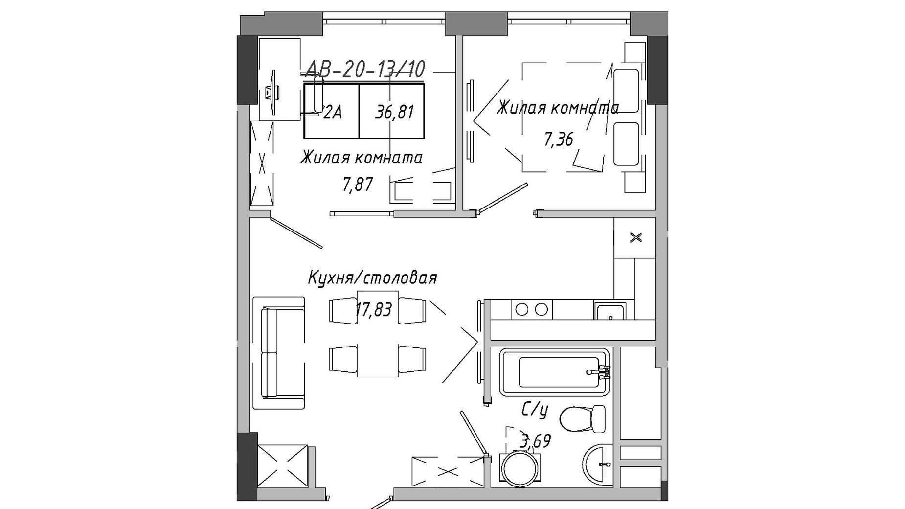 Планировка 2-комнатной квартиры в ЖК Artville 36.81 м², фото 601523