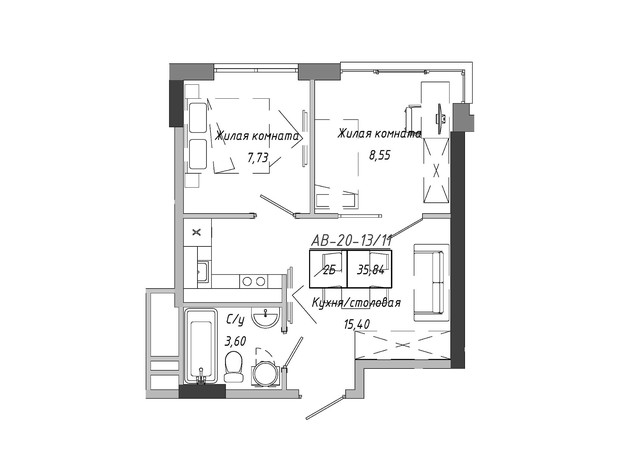 ЖК Artville: планировка 2-комнатной квартиры 35.84 м²