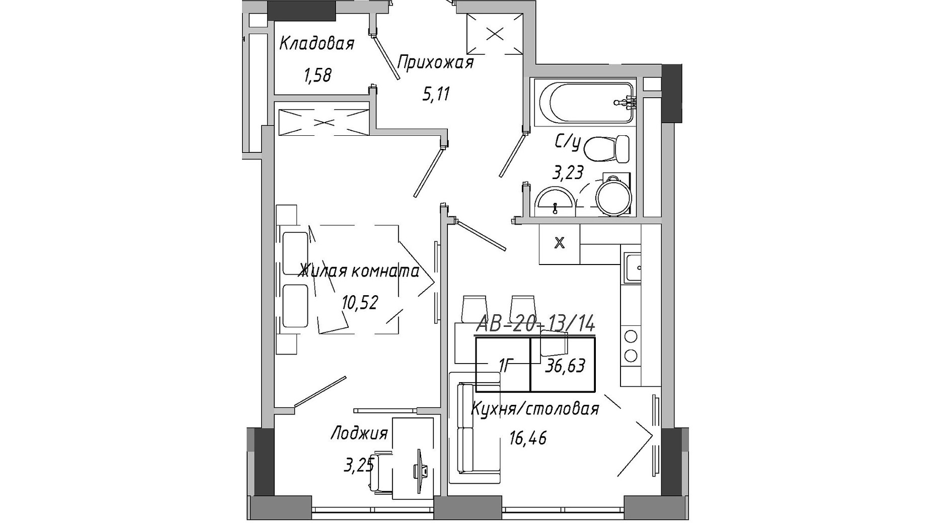 Планування 1-кімнатної квартири в ЖК Artville 36.63 м², фото 601525